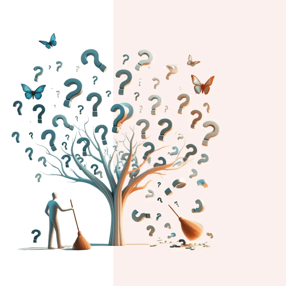 Das Bild zeigt eine grafische Darstellung eines Baumes, aus dem Fragezeichen statt Blätter fallen, während zwei Figuren mit Besen darunter stehen.