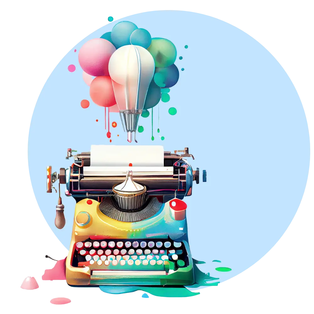 Das Bild zeigt eine kreativ gestaltete Illustration einer Schreibmaschine, die Farbkleckse und Luftballons ausdruckt.