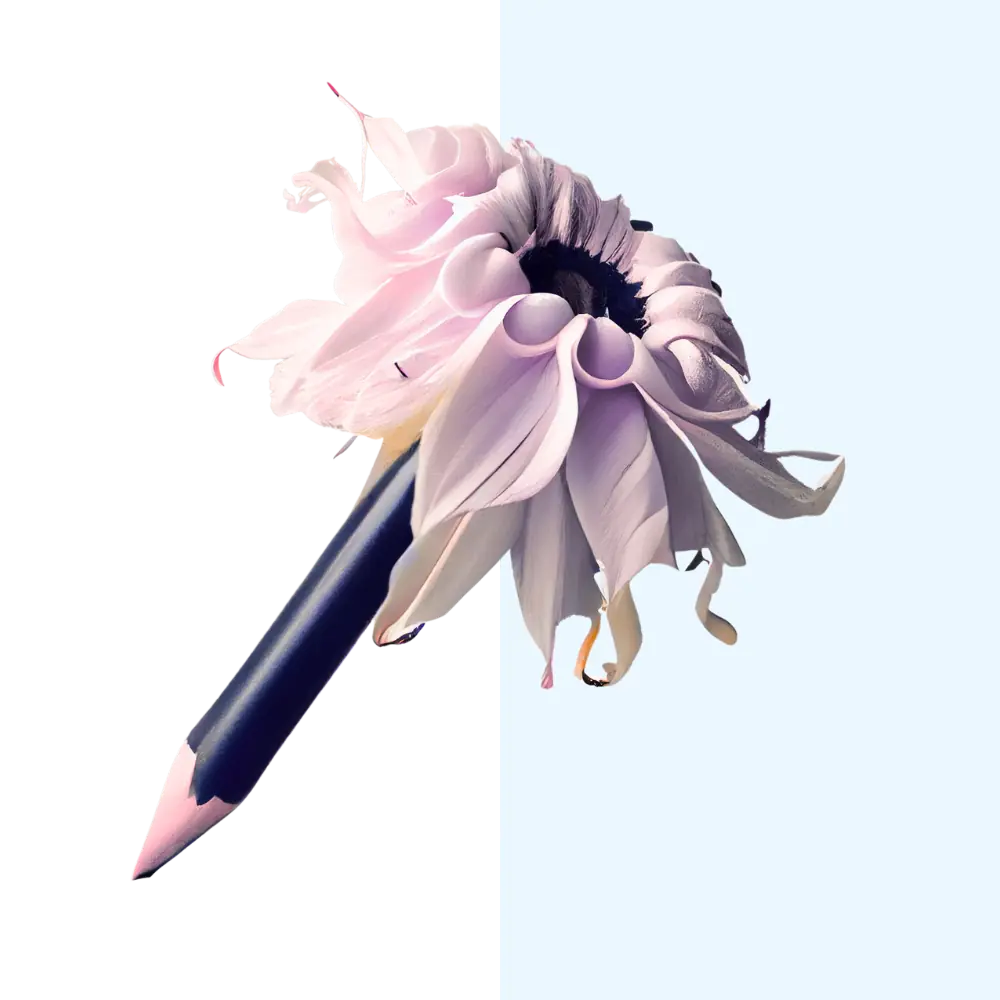 Das ist ein kreativ gestaltetes Bild von einem Bleistift, dessen Spitze in eine Blüte übergeht.