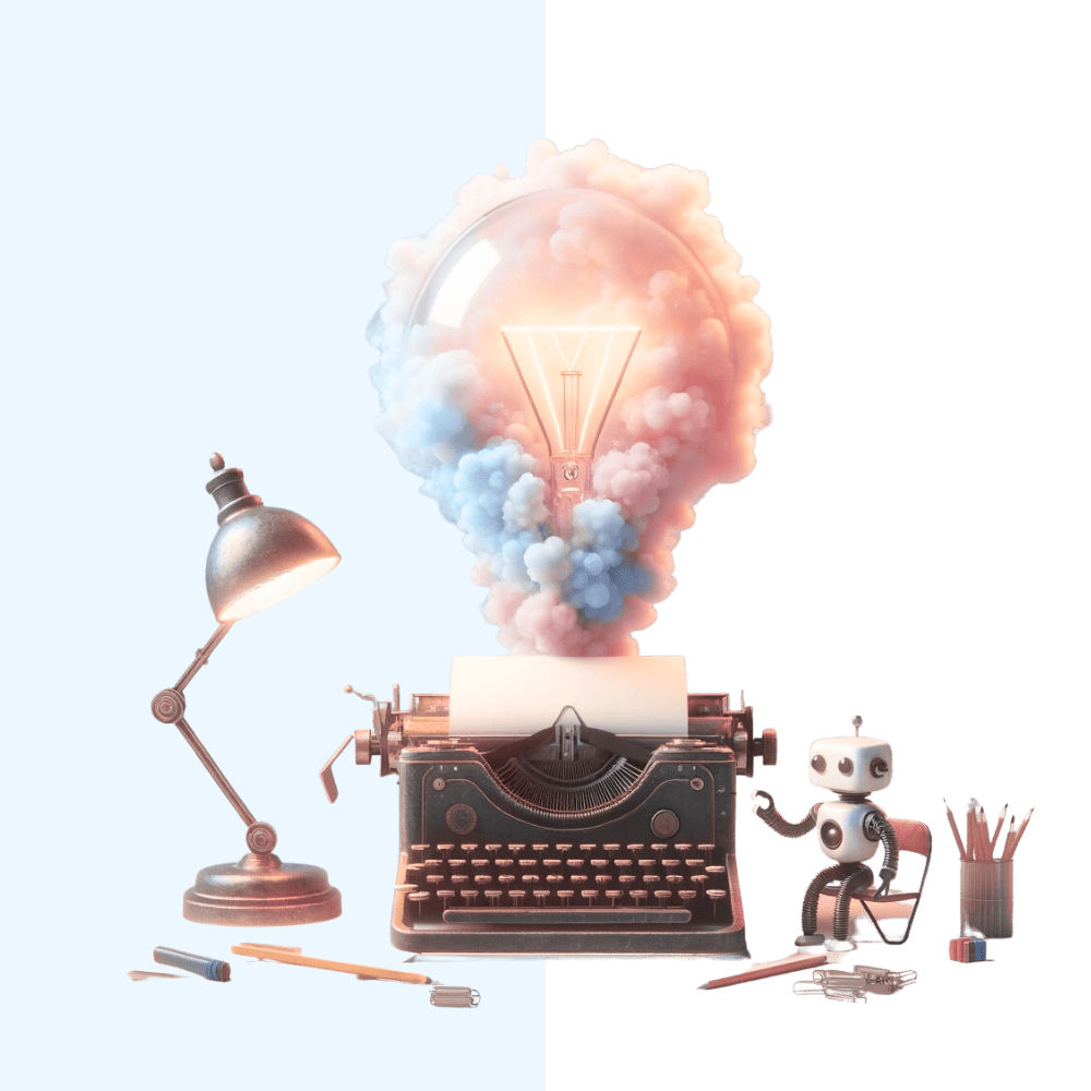 Das Bild zeigt eine kreative Darstellung mit einer Schreibmaschine, einer Glühbirne mit Rauch, einer Tischlampe, einem Roboter und Schreibmaterialien.
