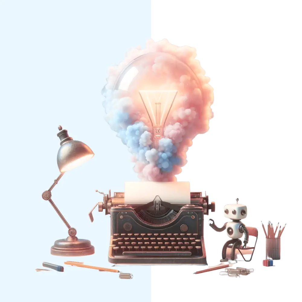 Das Bild zeigt eine kreative Darstellung mit einer Schreibmaschine, einer Glühbirne mit Rauch, einer Tischlampe, einem Roboter und Schreibmaterialien.