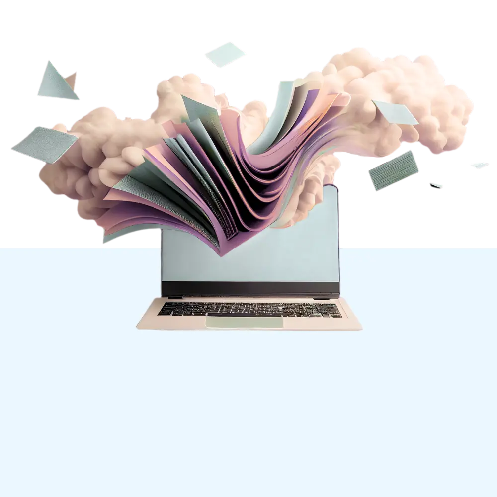 Das Bild zeigt einen Laptop, aus dessen Bildschirm eine farbige Wellenform mit Bücherelementen und rosa Wolken hervorquillt.