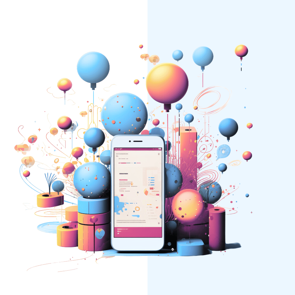 Das Bild zeigt ein stilisiertes, buntes Arrangement mit einem Smartphone im Zentrum, umgeben von abstrakten Formen, Grafikelementen und Ballons, was eine lebendige kreative Komposition ergibt.