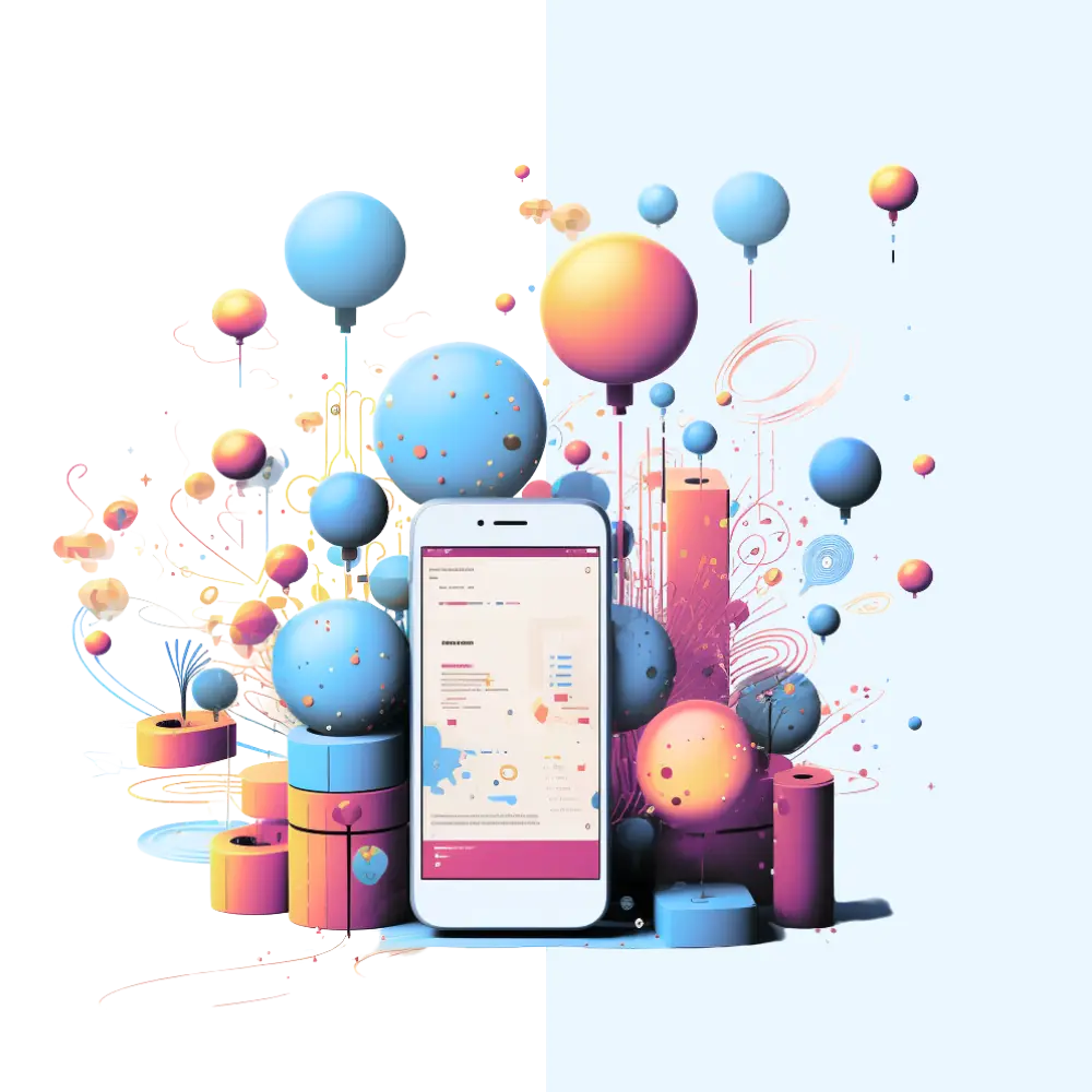 Das Bild zeigt ein stilisiertes, buntes Arrangement mit einem Smartphone im Zentrum, umgeben von abstrakten Formen, Grafikelementen und Ballons, was eine lebendige kreative Komposition ergibt.