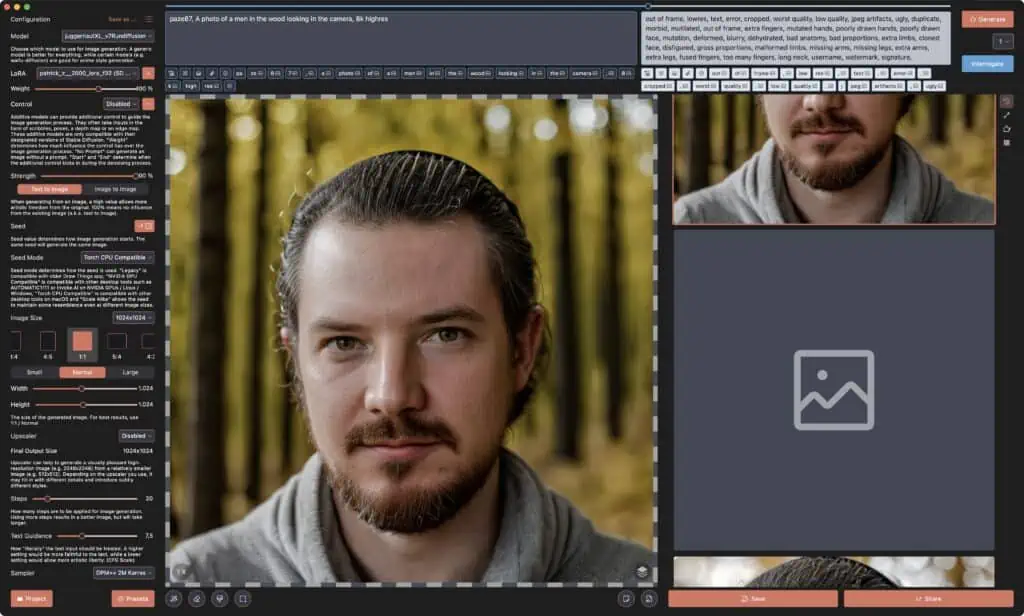 Das Bild zeigt eine Bildbearbeitungssoftware mit einem geöffneten Portraitfoto eines Mannes im Vordergrund und Bearbeitungswerkzeugen und -optionen im Hintergrund.