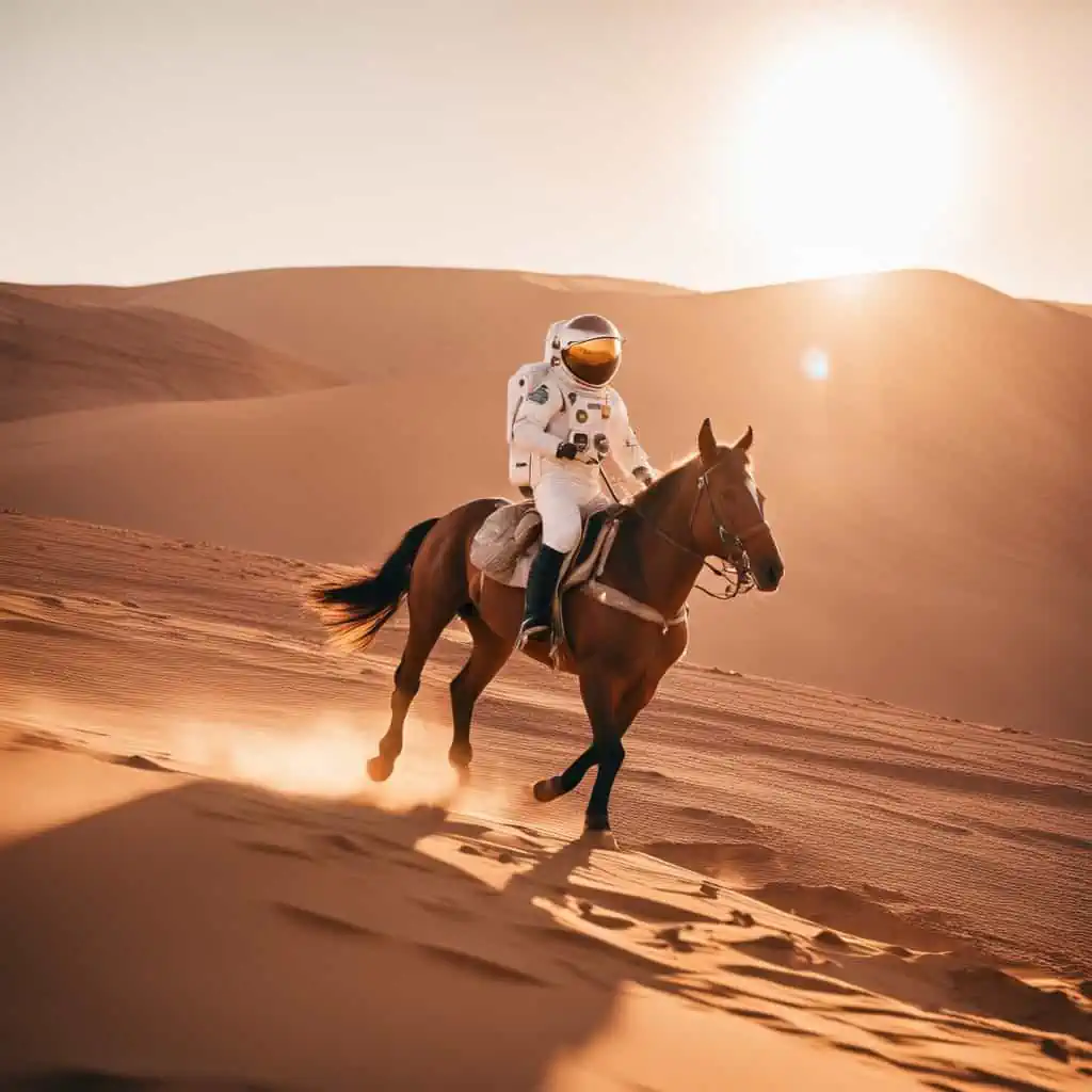Auf dem Bild ist eine Person in einem Astronautenanzug, die in einer Wüstenlandschaft auf einem Pferd reitet.