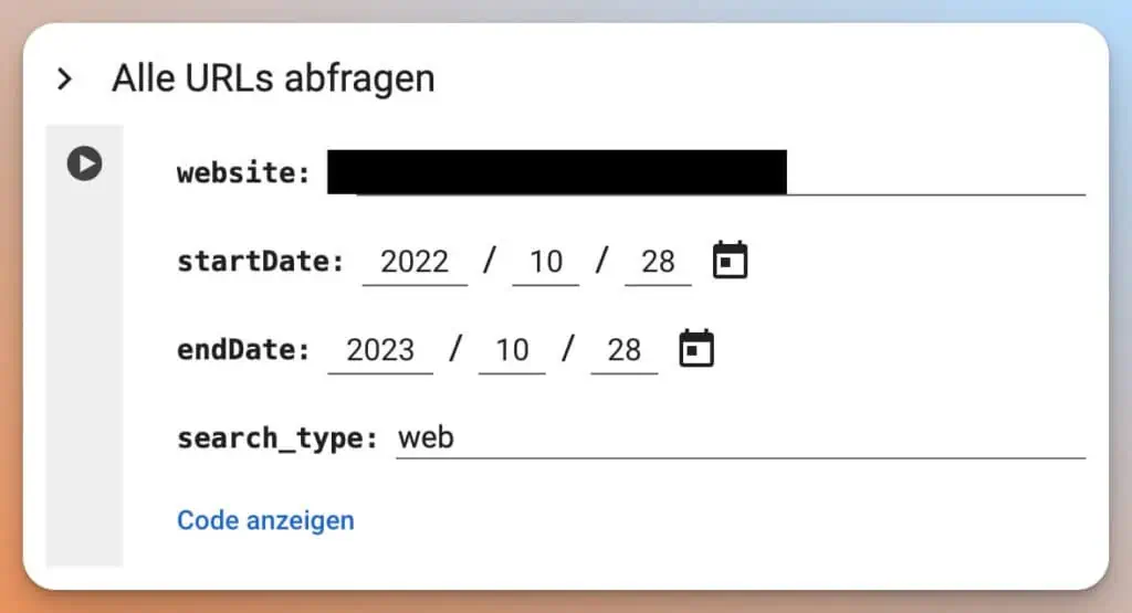 Das Bild zeigt eine Benutzeroberfläche mit Feldern zur Eingabe einer Website, eines Startdatums und eines Enddatums, vermutlich zur Abfrage von URLs aus einem bestimmten Zeitraum.