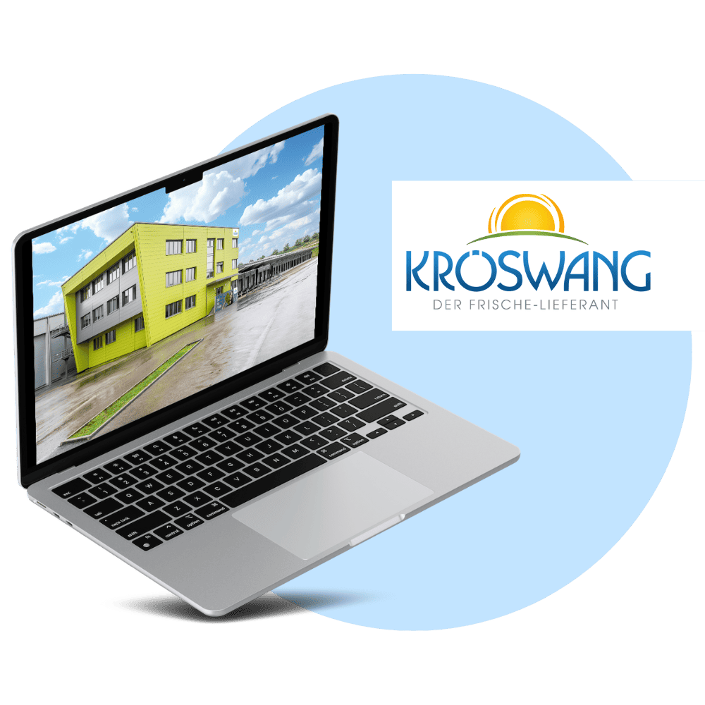 Es ist ein Laptop mit einem Bild von einem Gebäude auf dem Bildschirm und dem Logo von "KRÖSWANG" daneben.