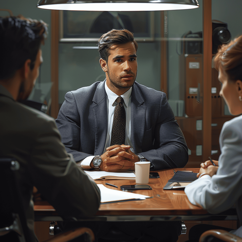 Drei Personen sitzen an einem Tisch in einem Büro für eine Besprechung.