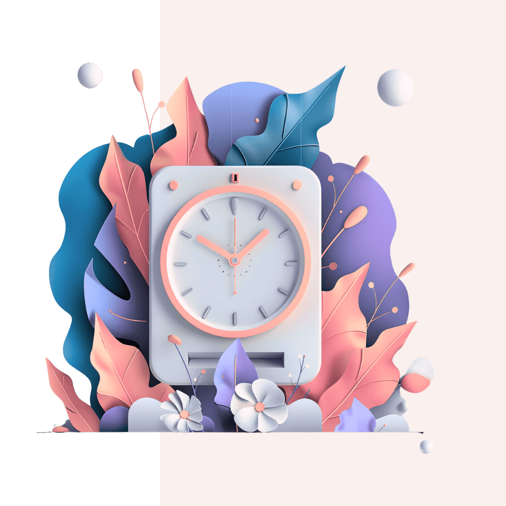 Das Bild zeigt eine stilisierte Darstellung einer Uhr umgeben von bunten, abstrakten Pflanzen- und Blumenmotiven.