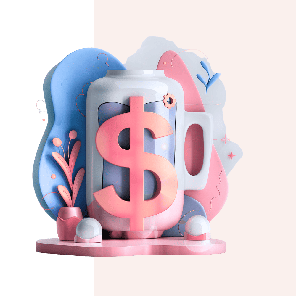 Das Bild zeigt ein stilisiertes 3D-Kunstwerk eines Dollarsymbols in einer Getränkedose mit grafischen Elementen im Hintergrund.