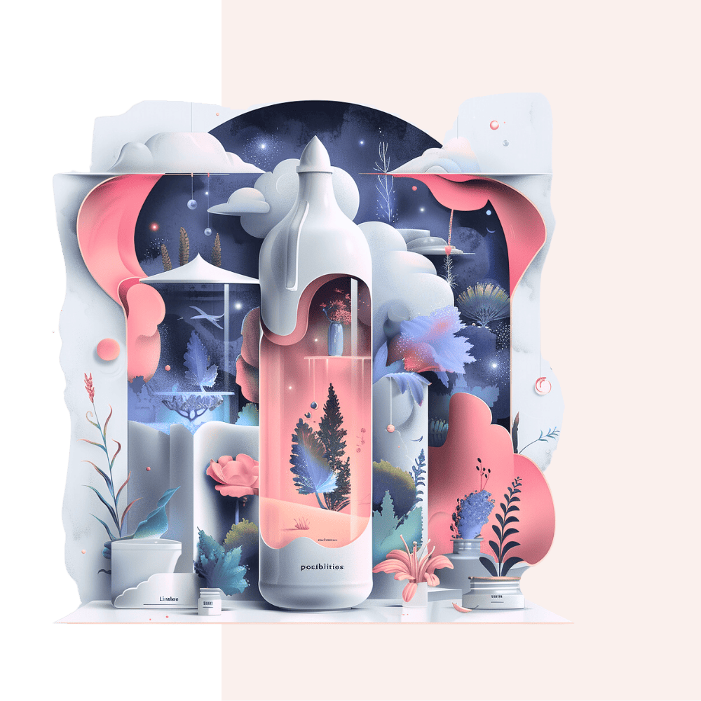 Das Bild zeigt eine surreale Grafik mit einem Wasserdispenser in einem fantasievoll gestalteten, naturinspirierten Setting.
