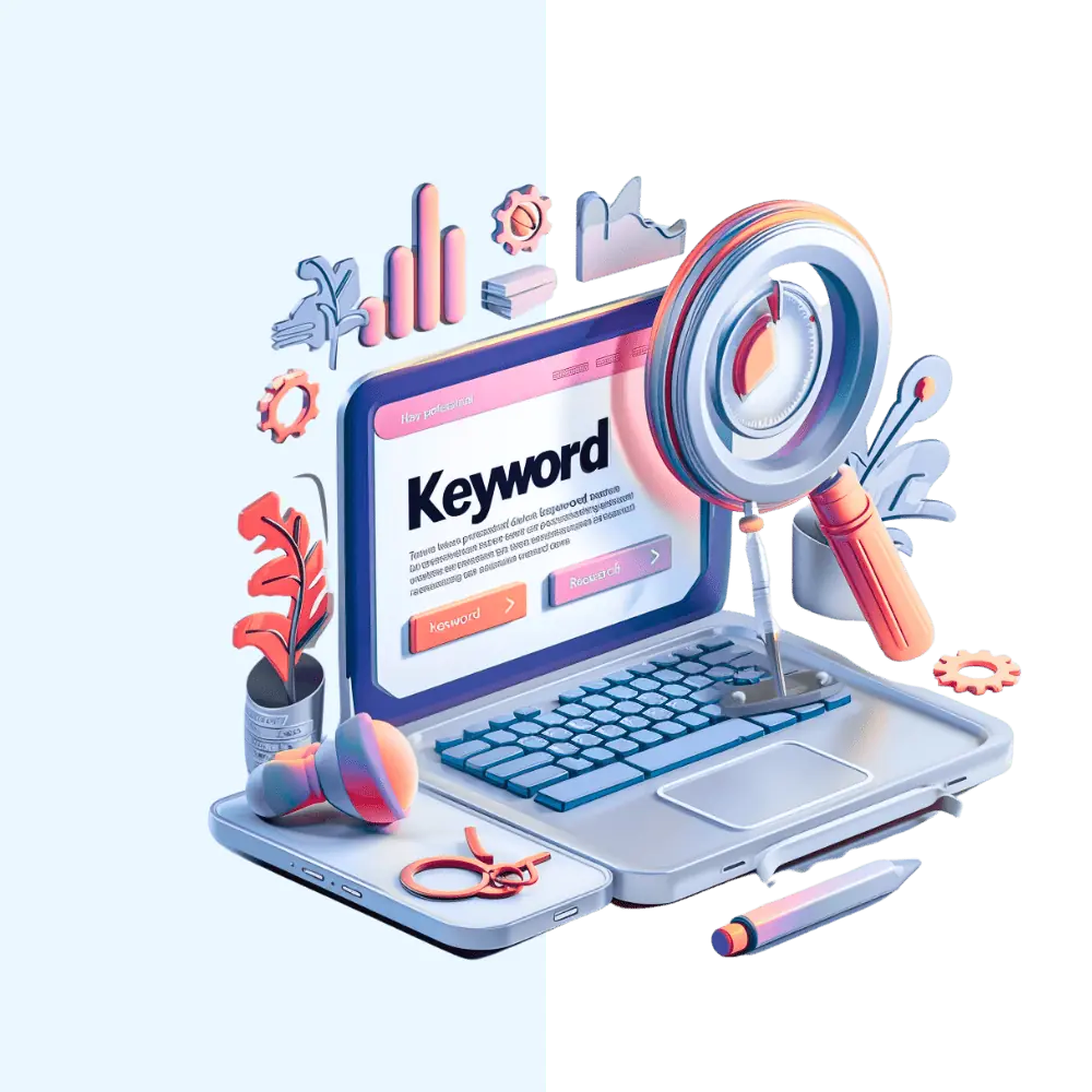 Das Bild zeigt eine stilisierte, illustrative Darstellung eines Laptops mit darauf angezeigtem "Keyword"-Suchschirm und diversen 3D-Grafikelementen, die Online-Suche und Datenanalyse symbolisieren.