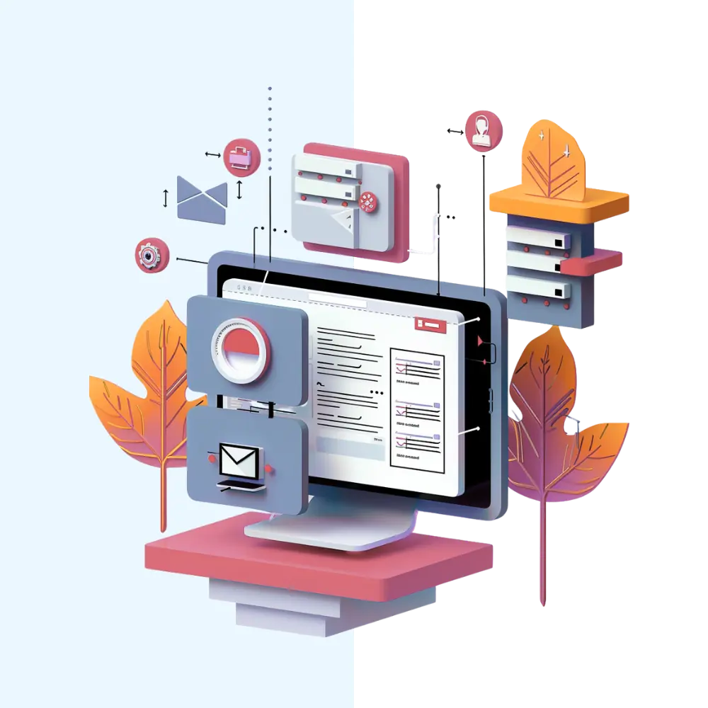 Das Bild zeigt eine stilisierte Darstellung verschiedener digitaler und webbezogener Elemente wie einen Monitor und Symbole für E-Mail und Datenverarbeitung in einem flachen Designstil.