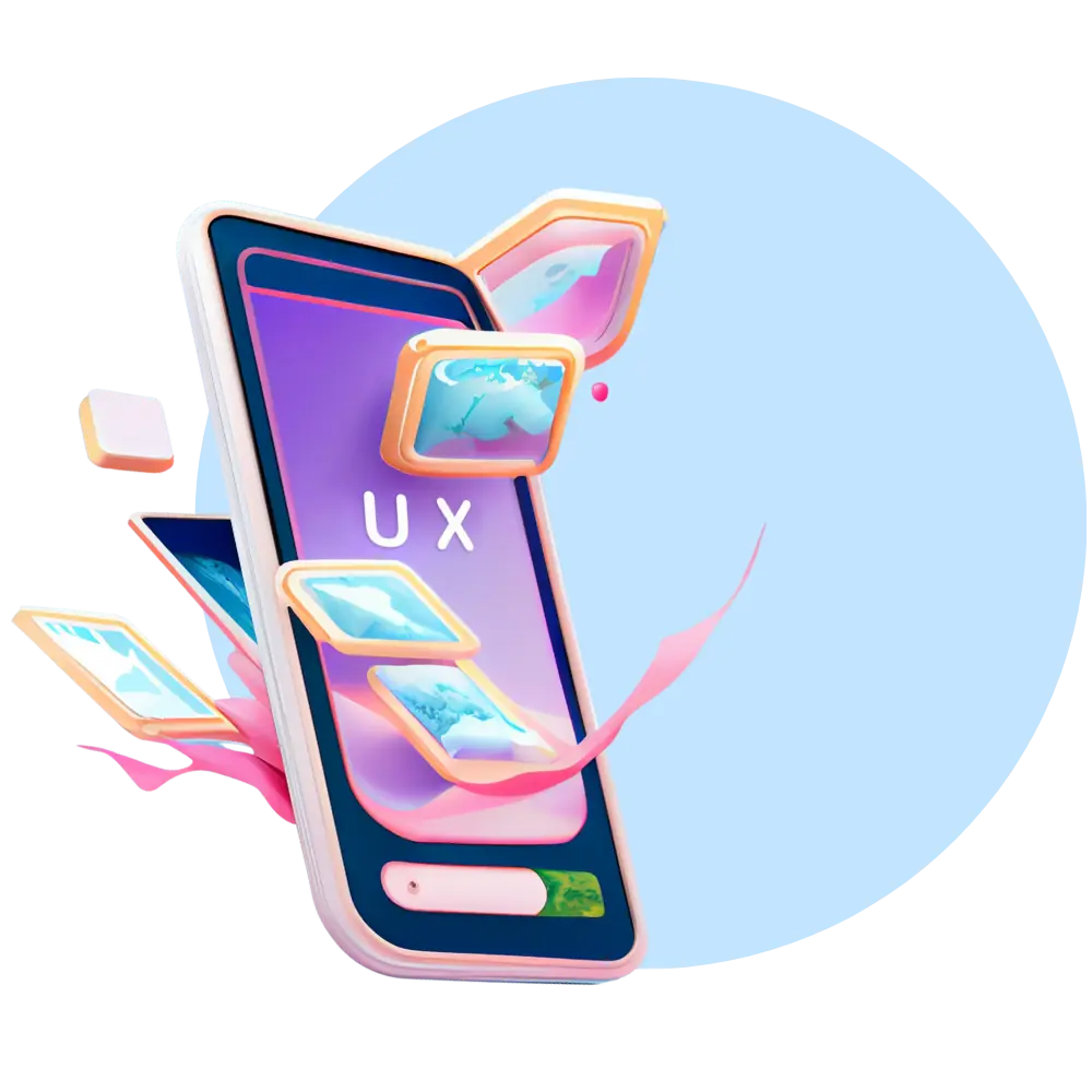 Das ist eine stilisierte Darstellung eines Smartphones mit aus dem Bildschirm herausfließenden Elementen, die für die Benutzeroberfläche (UX) stehen könnten.