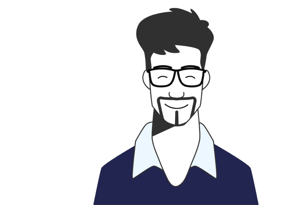 Das ist eine einfache, stilisierte Zeichnung einer lächelnden Person mit Brille und Bart.