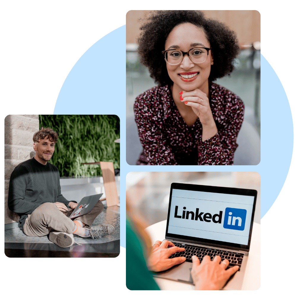 Das Bild zeigt drei zusammengesetzte Fotos von Personen, die arbeiten oder lächeln, und einen Laptop-Bildschirm mit dem Logo von LinkedIn.