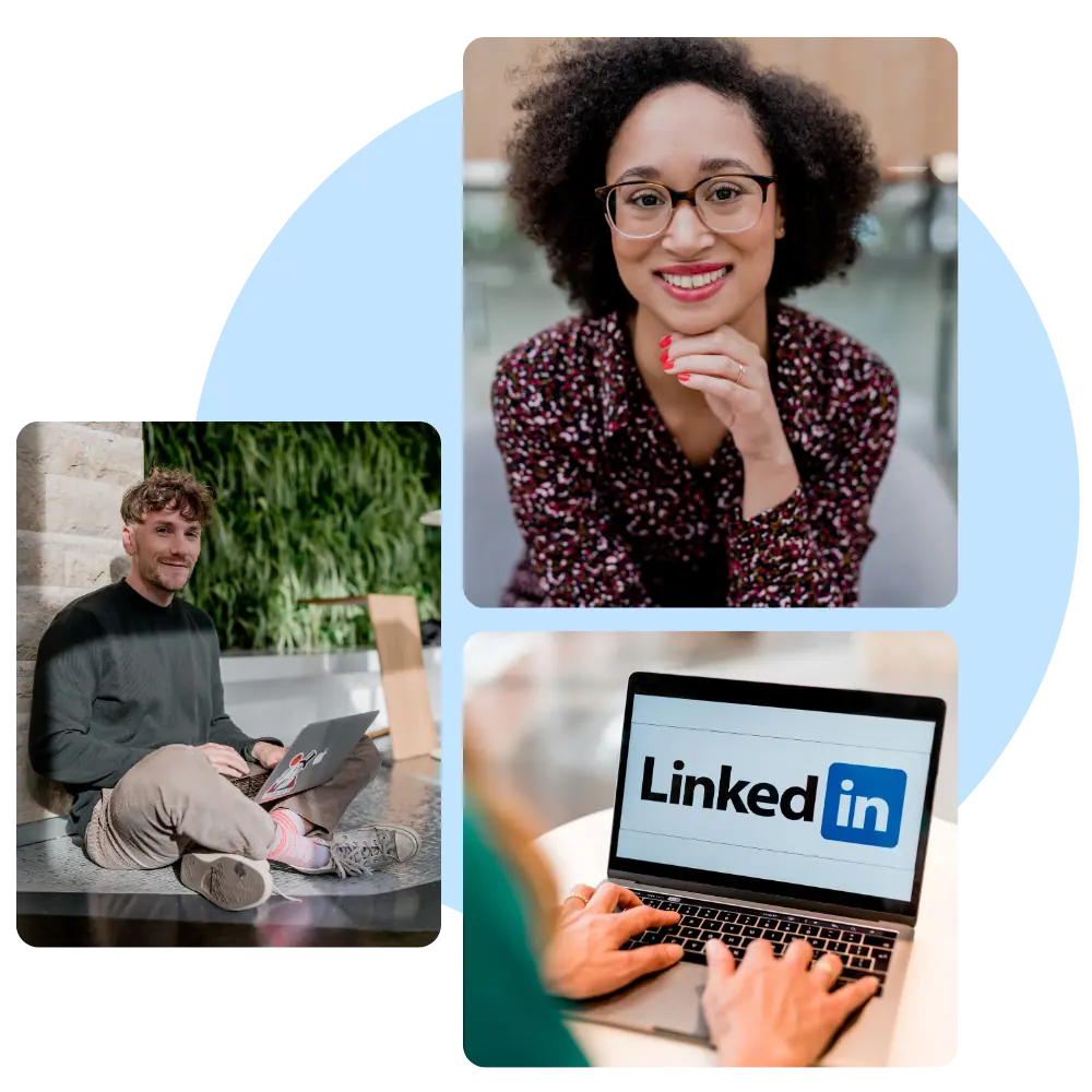 Das Bild zeigt drei zusammengesetzte Fotos von Personen, die arbeiten oder lächeln, und einen Laptop-Bildschirm mit dem Logo von LinkedIn.