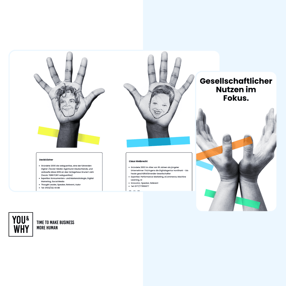 Das Bild zeigt kreative Porträts von David Kichler und Claus Weißbrecht auf den Handflächen, die ihre innovativen Ansätze im digitalen Marketing und Unternehmertum symbolisieren. Mit dem Fokus auf den gesellschaftlichen Nutzen verkörpern die dargestellten Persönlichkeiten moderne Geschäftspraktiken, die Menschlichkeit und Effektivität in den Vordergrund stellen.