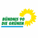 Das Logo von "Bündnis 90/Die Grünen" präsentiert sich mit einer strahlenden Sonnenblume, die für Umweltbewusstsein und Nachhaltigkeit steht. Die markante Schrift kombiniert mit der leuchtenden Farbe verkörpert die Werte der ökologischen politischen Bewegung in Deutschland.
