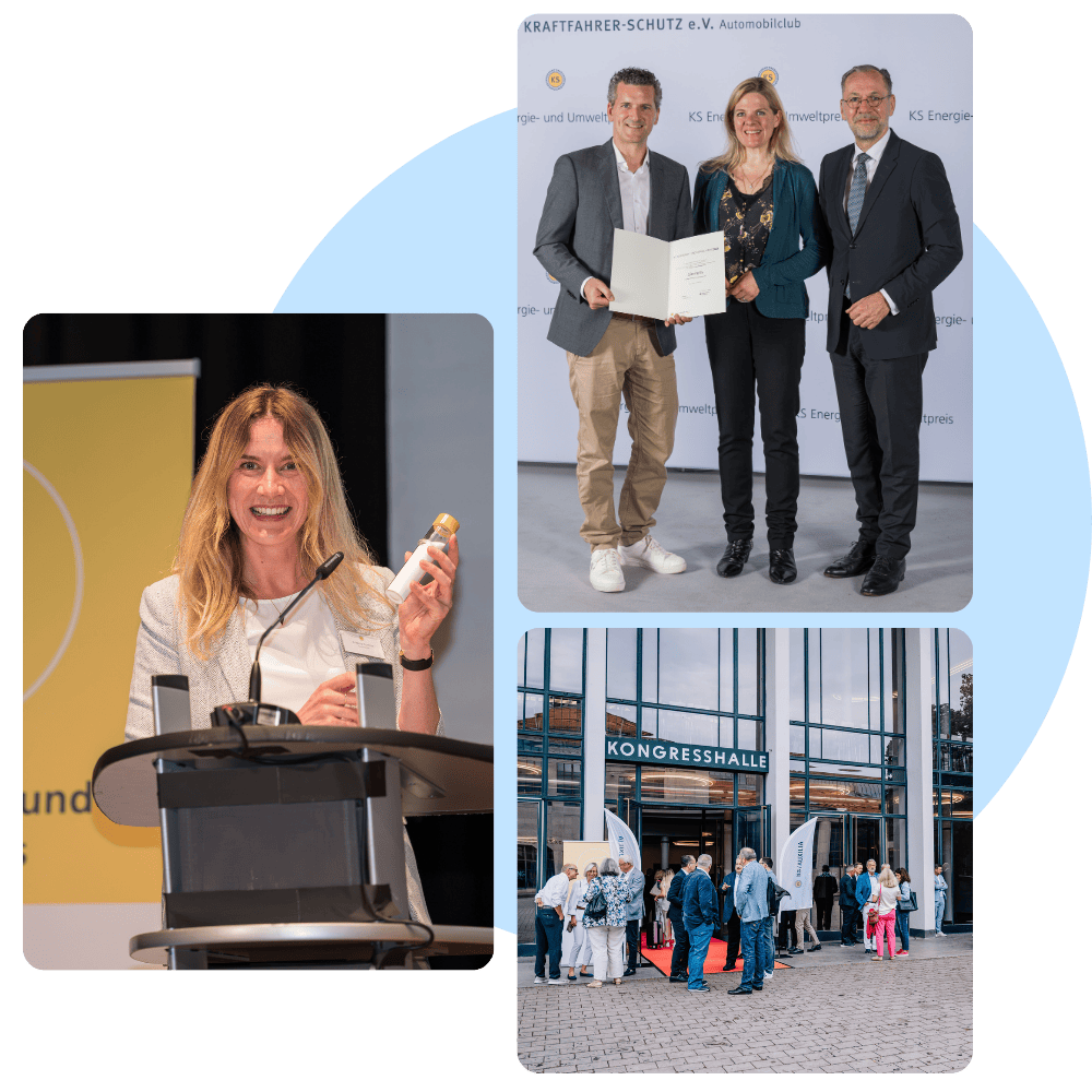Das Bild zeigt eine dynamische Veranstaltung, bei der eine Frau als Rednerin auftritt und eine Auszeichnung überreicht wird. Der Fokus liegt auf dem KS Energie- und Umweltpreis, der innovative Ansätze in der Energiebranche fördert, während die moderne Kongresshalle als Veranstaltungsort im Hintergrund deutlich sichtbar ist.