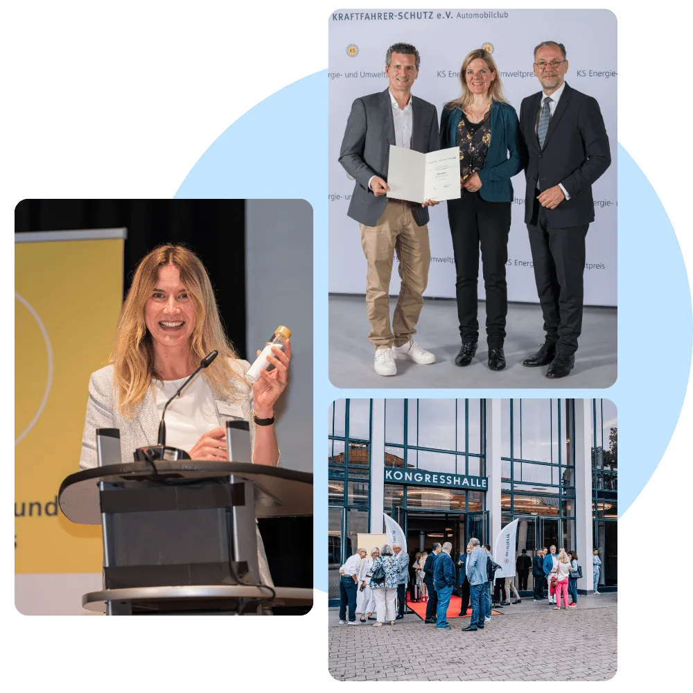 Das Bild zeigt eine dynamische Veranstaltung, bei der eine Frau als Rednerin auftritt und eine Auszeichnung überreicht wird. Der Fokus liegt auf dem KS Energie- und Umweltpreis, der innovative Ansätze in der Energiebranche fördert, während die moderne Kongresshalle als Veranstaltungsort im Hintergrund deutlich sichtbar ist.