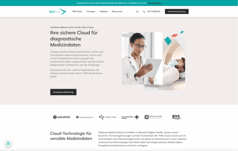 Die Telepaxx Medical Data Cloud (TMD Cloud) bietet Kliniken und Ärzten datenschutzkonforme und sichere Lösungen zur Verwaltung von medizinischen Daten, insbesondere im Bereich der Radiologie. Entdecken Sie die Vorteile der Cloud-Technologie für sensible Medizininformationen und sichern Sie sich eine kostenlose Beratung.