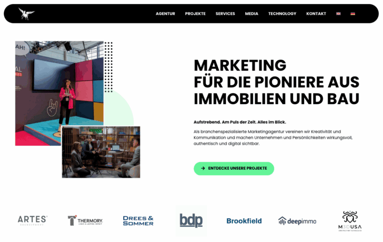 Das Bild zeigt eine dynamische Marketingagentur, die sich auf innovative Lösungen für die Immobilien- und Bauindustrie spezialisiert hat. Mit kreativem Branding und digitaler Sichtbarkeit präsentiert die Agentur ihre Dienstleistungen auf ansprechende Weise und richtet sich an moderne Unternehmen und Pioniere.